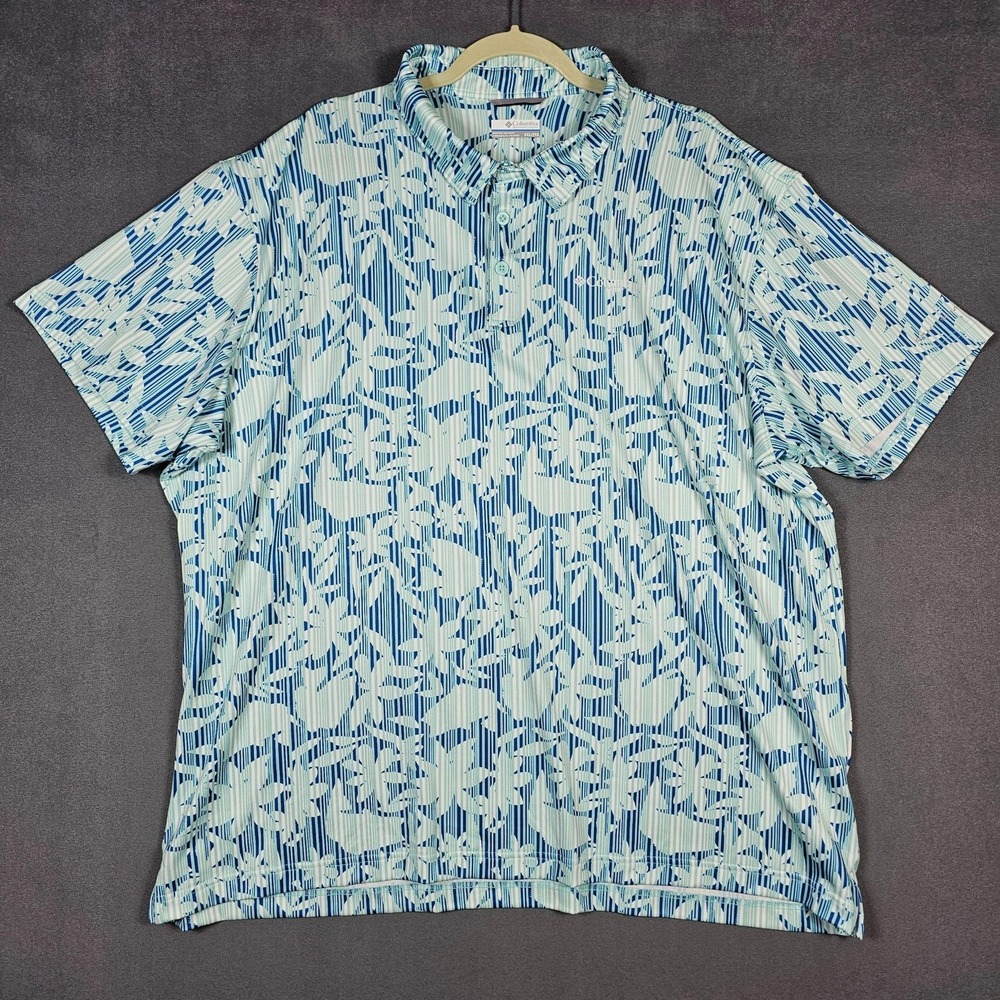 Columbia PFG Polo Shirt Mens 2XL Blue Tropical Fish Performance Stretch